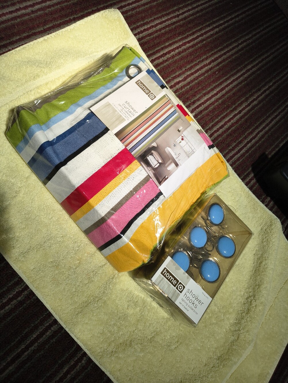 Home+ Shower Curtain & Blue Shower Hooks - Multi-Color Stripes